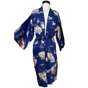 Vintage‎ Ichiban Made in Japan Crane Fan Floral Print Blue Kimono Robe